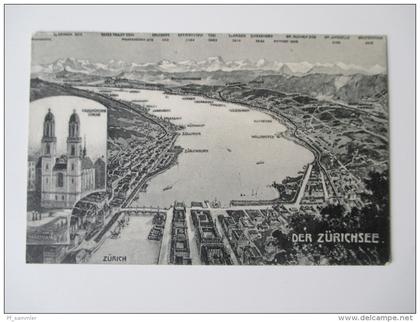 Schweiz 1911 Bildpostkarte Zürich / der Zürichsee. Mehrbildkarte. Grossmünster Kirche und der Zürichsee.