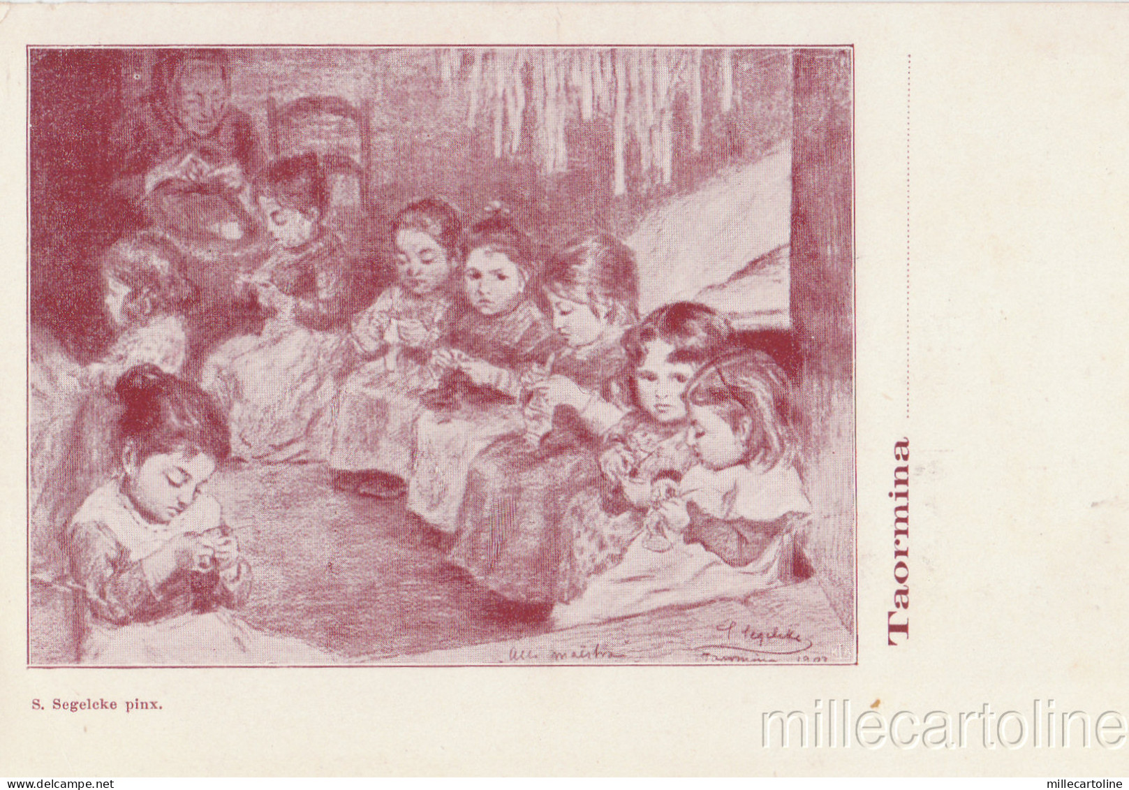 TAORMINA - BAMBINE E MAESTRA- LAVORI A MAGLIA- SEVERINO SEGELCKE PINX-NORVEGIA