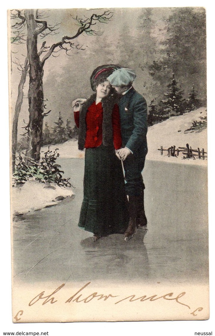 tarjeta postal de alemania pareja patinando sobre hielo circulada 1902
