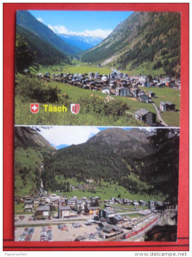 Täsch (VS) - Zweibildkarte Panorama / Bahnhof m Glacier Express