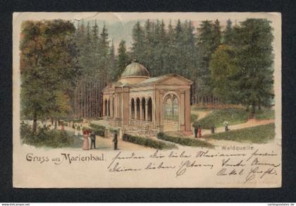 Glitzer-Perl-AK Marienbad, Waldquelle mit Glitzer-Perlen