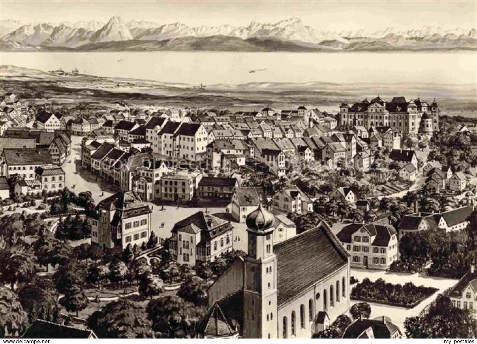 Tettnang Bodenseekreis BW Bodensee Alpen Kirche Stadtansicht Zeichnung Zwiebelda