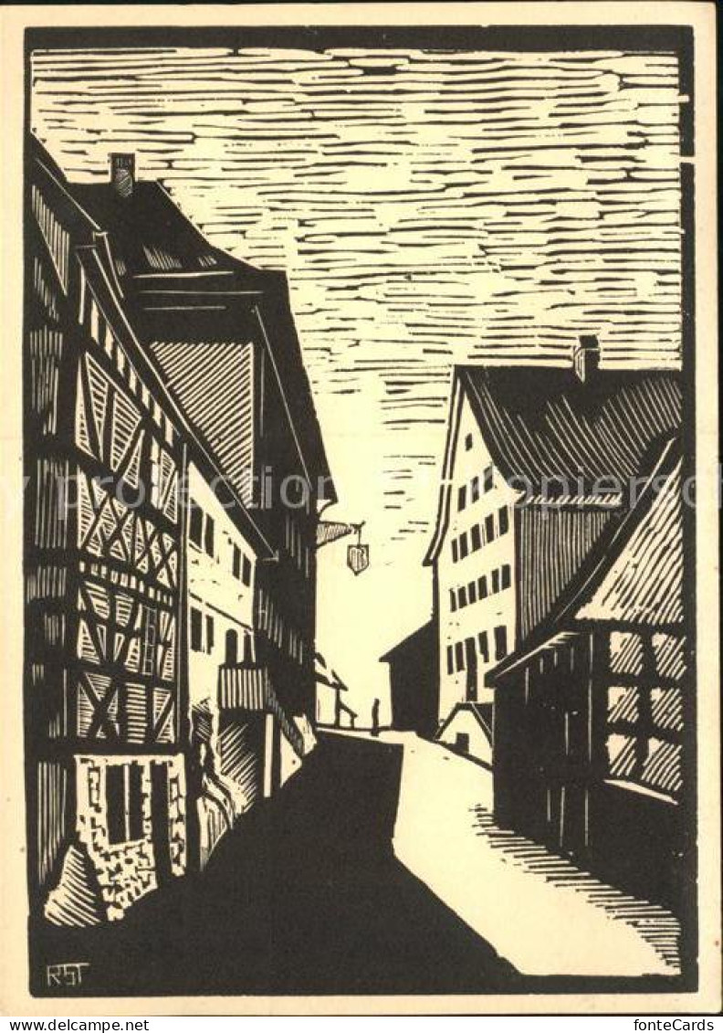 Thayngen Dorfstrasse Kuenstlerkarte Holzschnitt