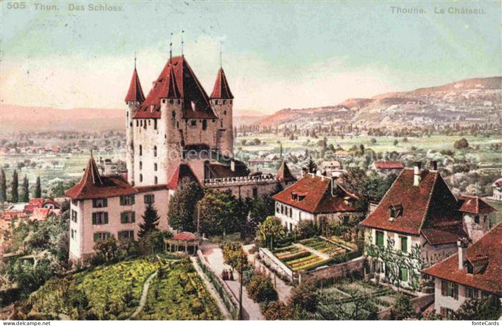 THUN Thoune BE Schloss-Thun Turm Schlossanlage Garten Panorama Wohnhaeuser Huege