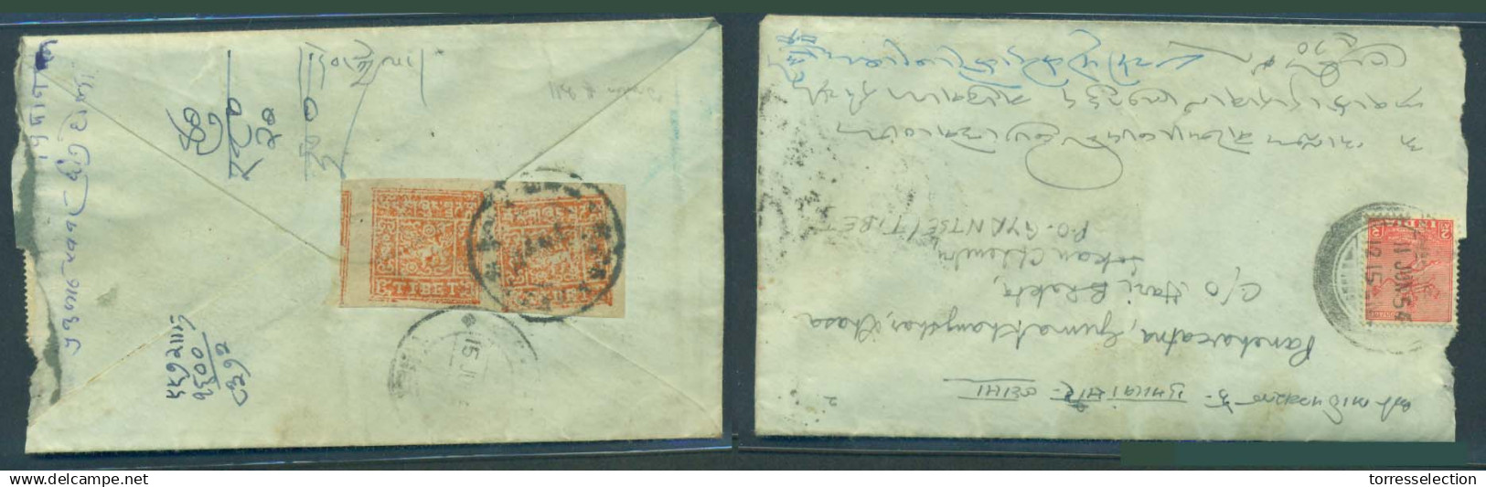 TIBET. 1954 (11 June). India - Gyantse / Tibet. Fkd env arrival tied pair red stamps local British Lhasa (15 Jn). Would