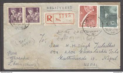 TIBET. 1960. Lhasa - Kathmandu / Nepal. Reg China stamps fkd env front and reverse. Fine usage.
