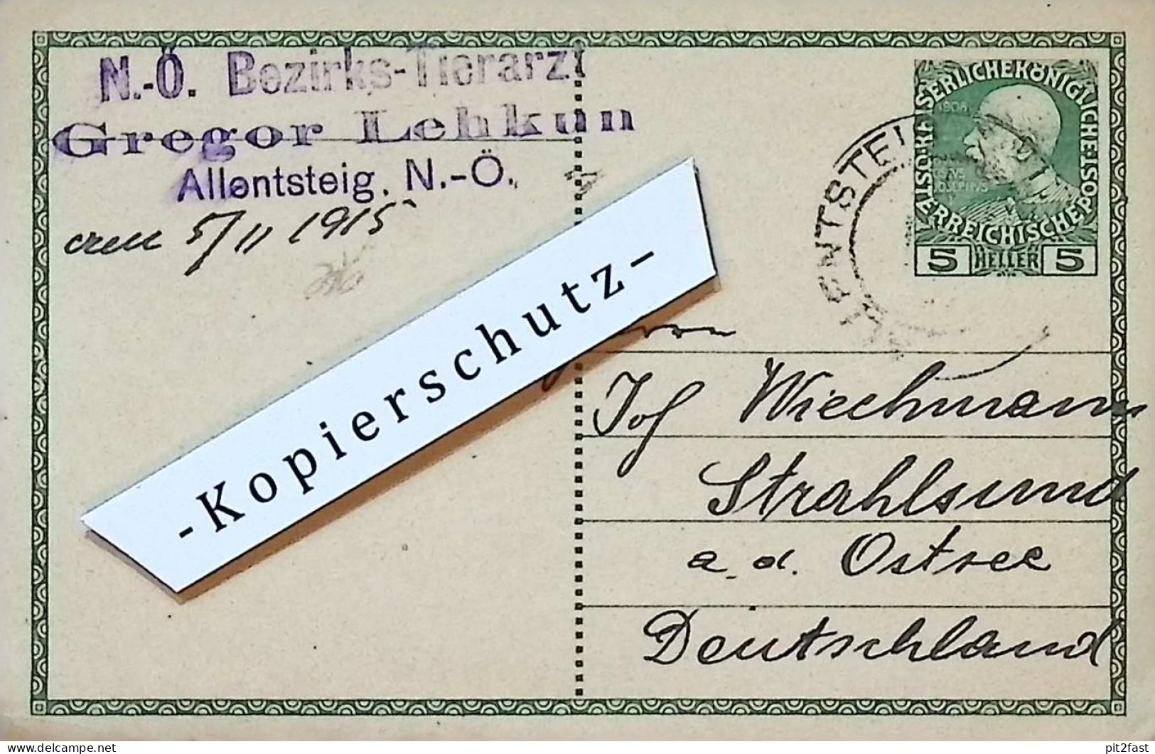 Tierarzt - Gregor Lehkun in Allensteig b. Zwettl , 1915 , Stempel , Reklame / Werbung , Postkarte J. Wichmann Stralsund