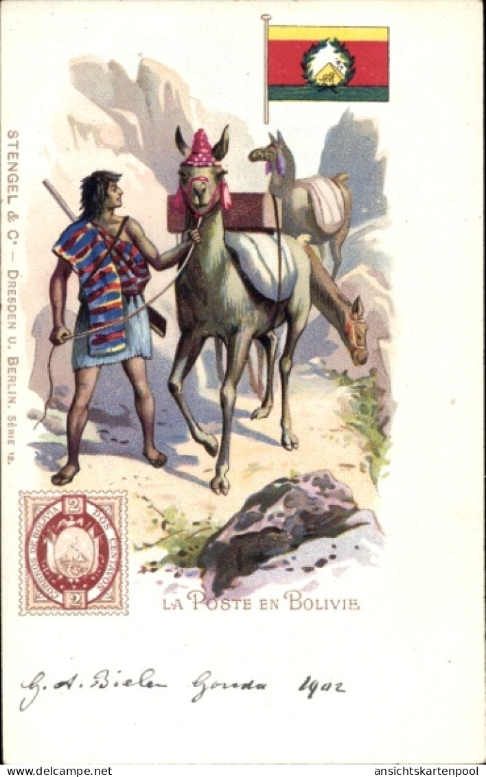 Timbres Lithographie Die Post in Bolivien, Mann mit Lamas
