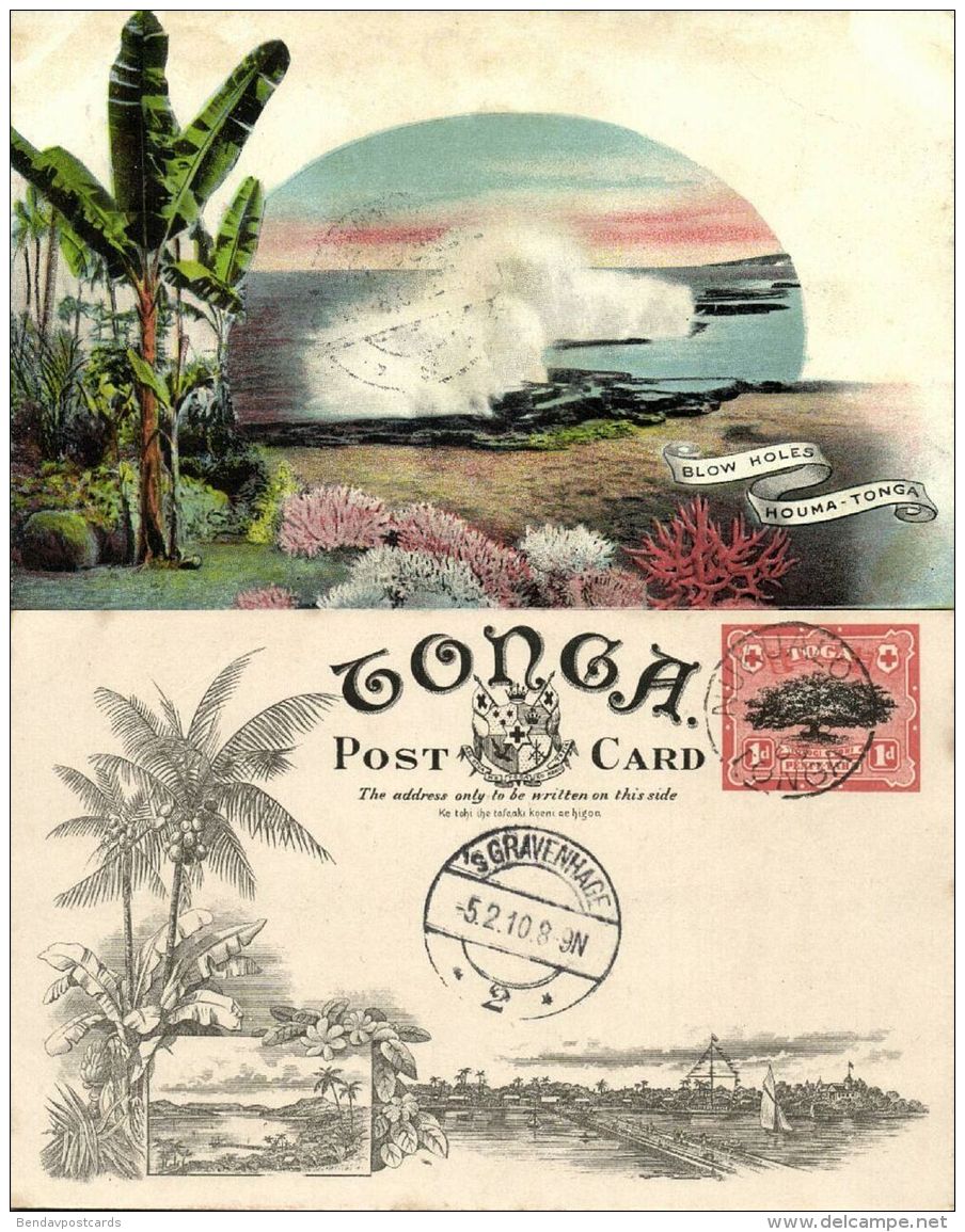 tonga islands, A Native Village (1909) Pre-Printed Stamp