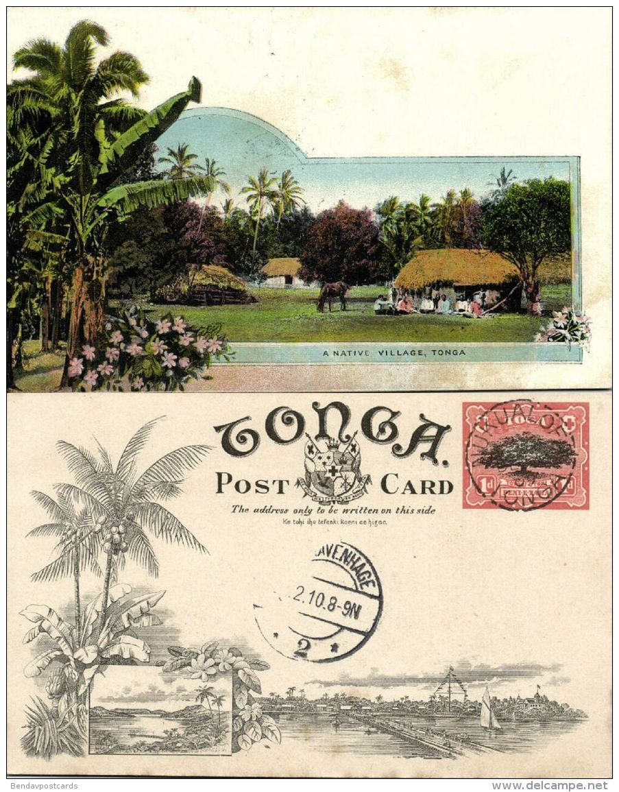 tonga islands, A Native Village (1909) Pre-Printed Stamp