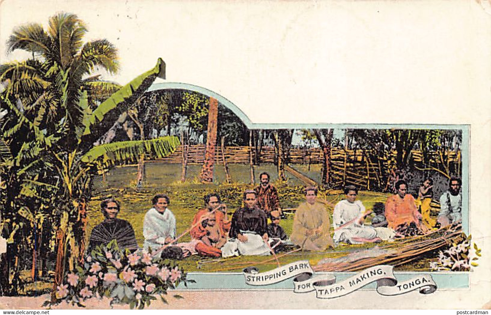Tonga - Stripping bark for Tappa making - STAMPED POSTCARD Postally used Year 1909