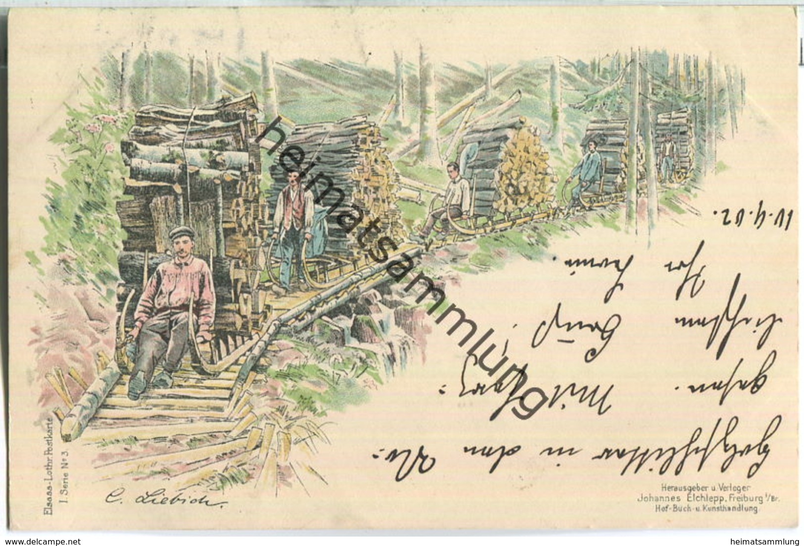 Transportschlitten - Holzschlitten - signiert C. Liebich - Elsass-Lothringen-Postkarte