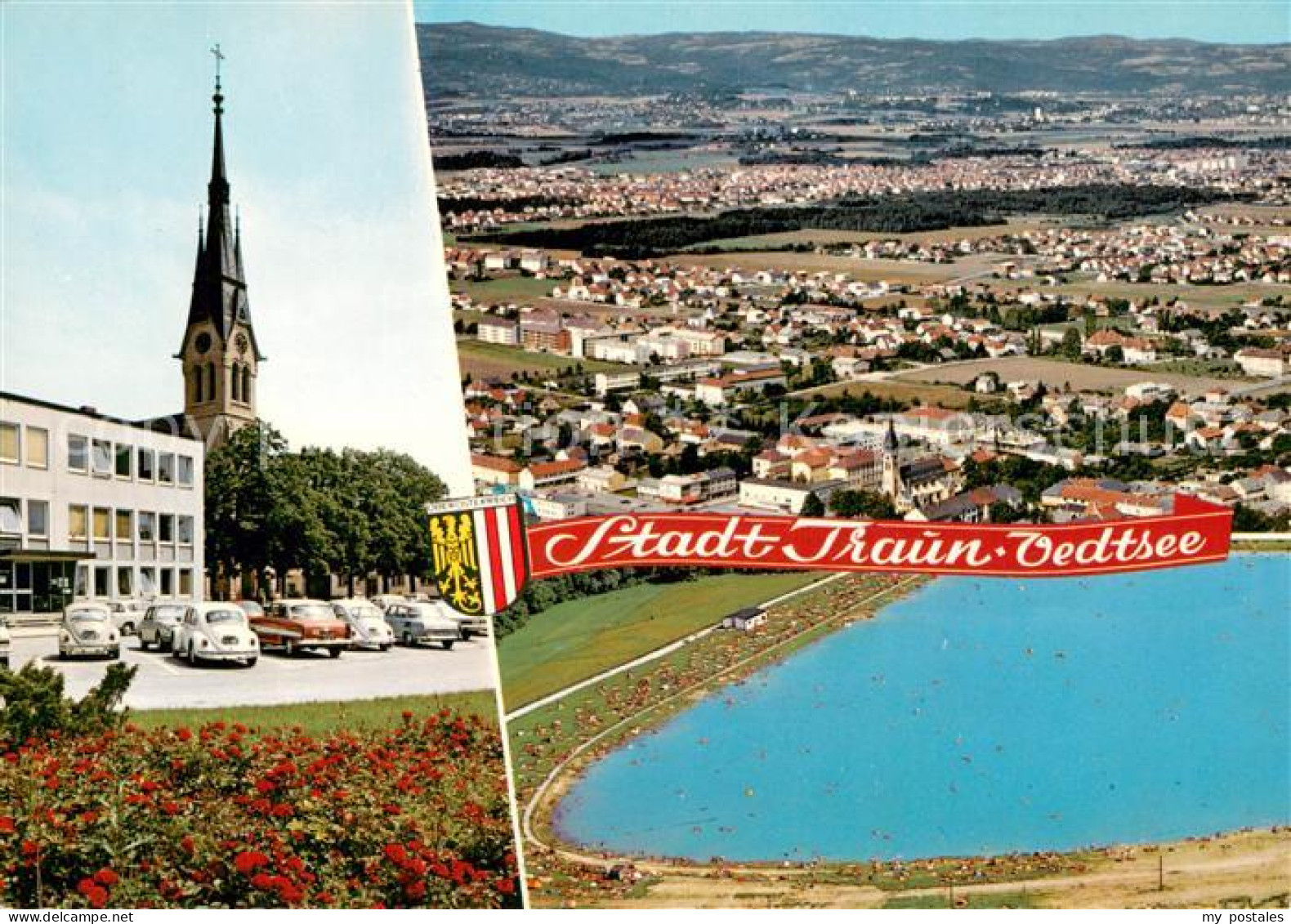 Traun mit Hauptplatz und Oedtsee Fliegeraufnahme