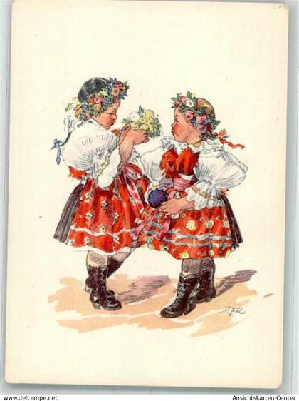 39930504 - sign. MFK Zwei Maedchen in bunter Tracht mit Blumenkraenzen im Haar Minerva 839-4