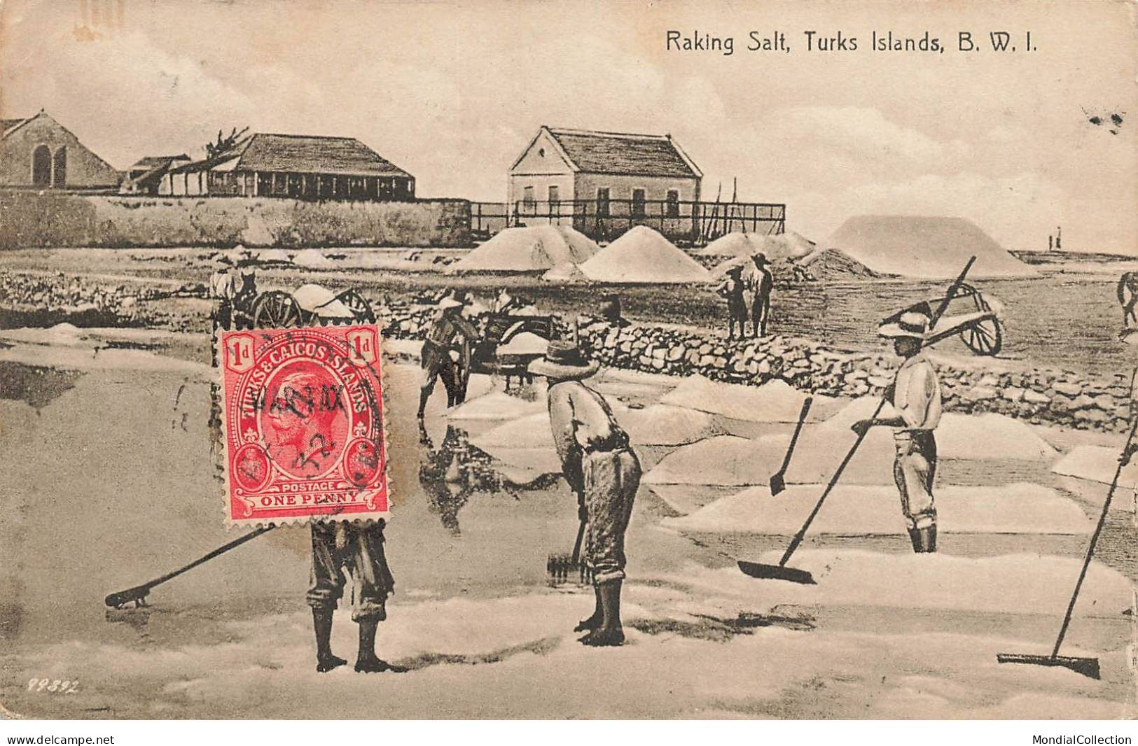 TURKS ISLANDS #FG57254 B W I RAKING SALT