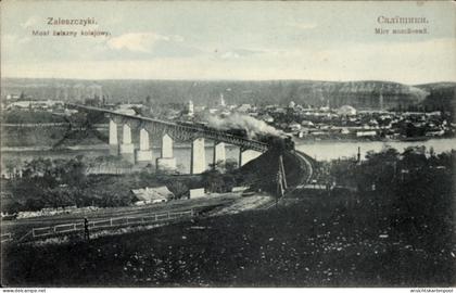 CPA Zalishchyky Zaleszczyki Ucrania, Gesamtansicht, Eisenbahnbrücke