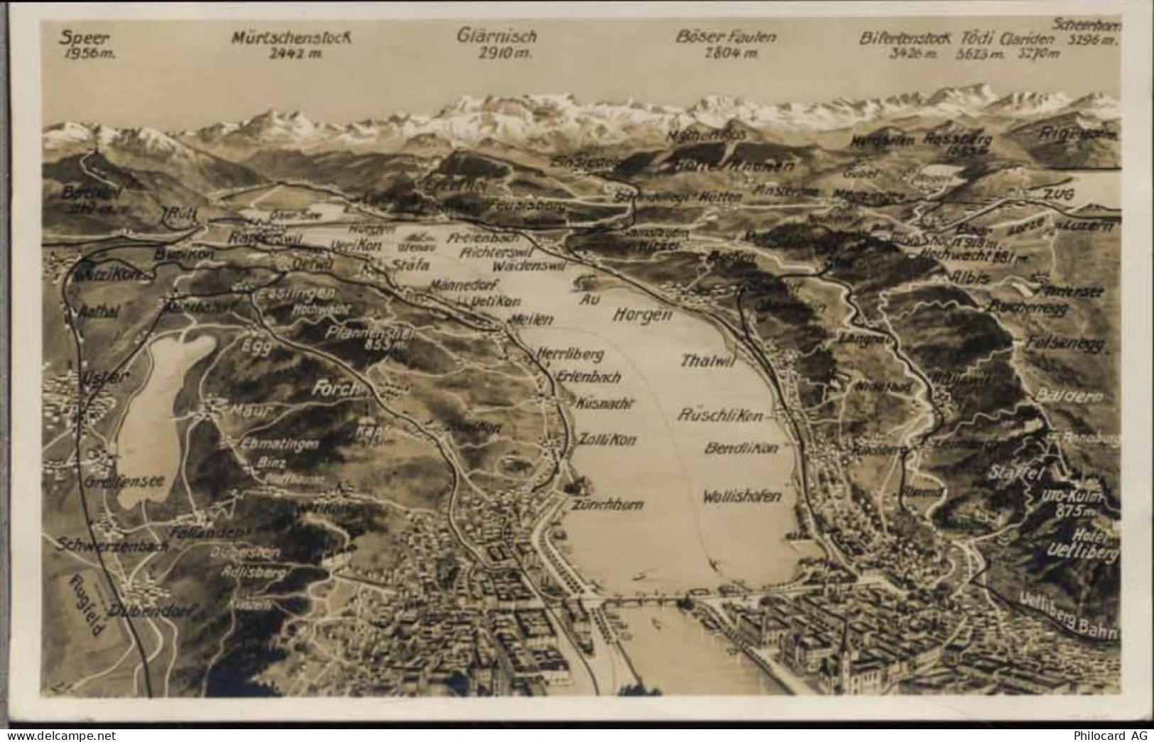 um 1930/40 - Kanton Zürich, Schweiz, Landkarte mit See, Horgen, Wollisho... - 20022201