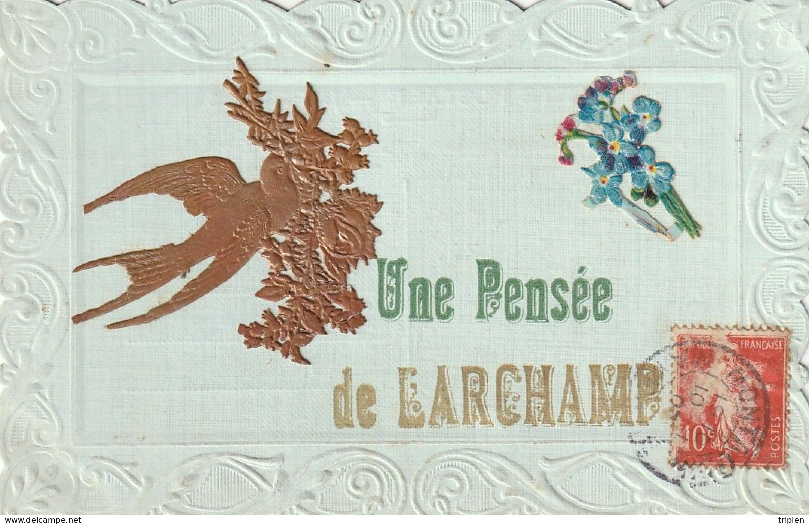 Une pensée de Larchamp - carte gauffrée - hirondelle