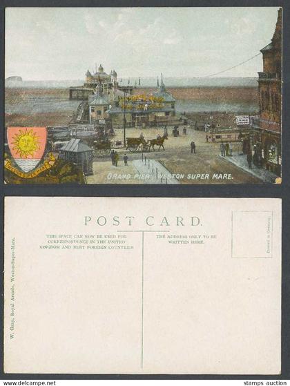 Weston-Super-Mare Old Postcard Grand Pier, Beach Street Scene Horse Coat of Arms