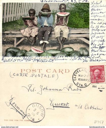Black Americana, "Watermelon Feast" 1904 Detroit Photographic Co. Postcard 7439
