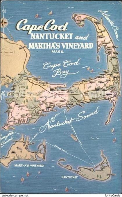 Cape Cod Mass. Bay Nantucket and Marthas Vineyard Map