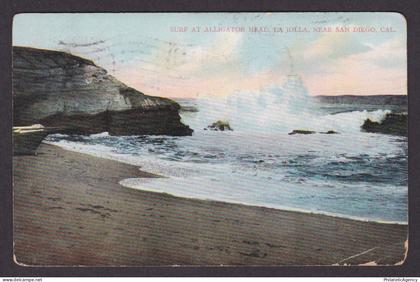 Vintage postcard USA La Jolla CA California Surf at Alligator Head Flag Cancel