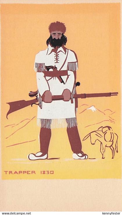 Handgemachte Serigraphie-Postkarte Trapper 1830, Santa Barbara,