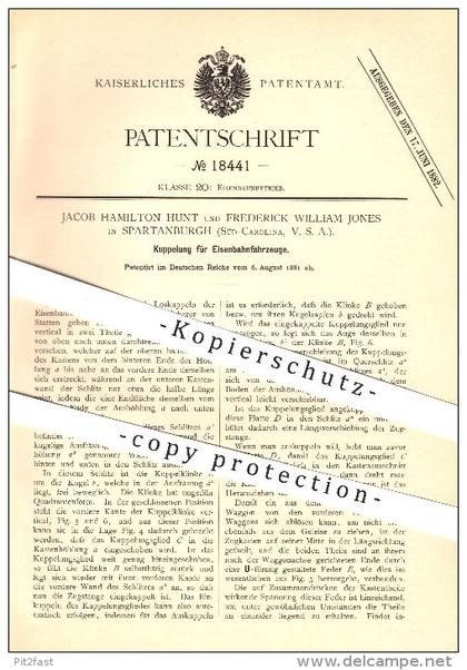 original Patent - Jacob H. Hunt & Frederick W. Jones in Spartanburg , 1881 , Kupplung für Eisenbahnfahrzeuge !!!