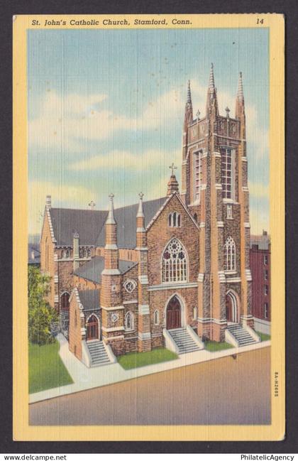 Vintage postcard USA Stamford CT Connecticut St Johns Catholic Church Linen 1938