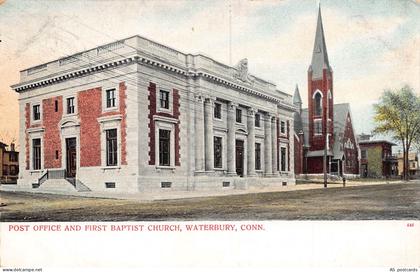 US Connecticut Post Office and Baptist Church Waterbury 1907 postcard B957