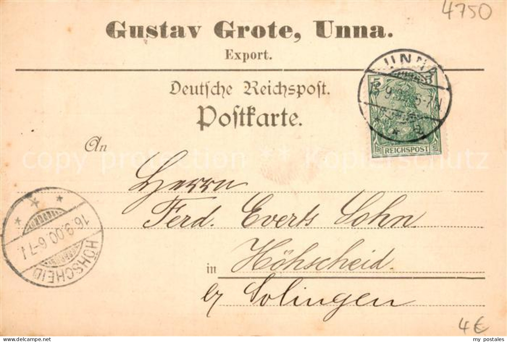 Unna Korrespondenzkarte Gustav Grote Export Deutsche Reichspost