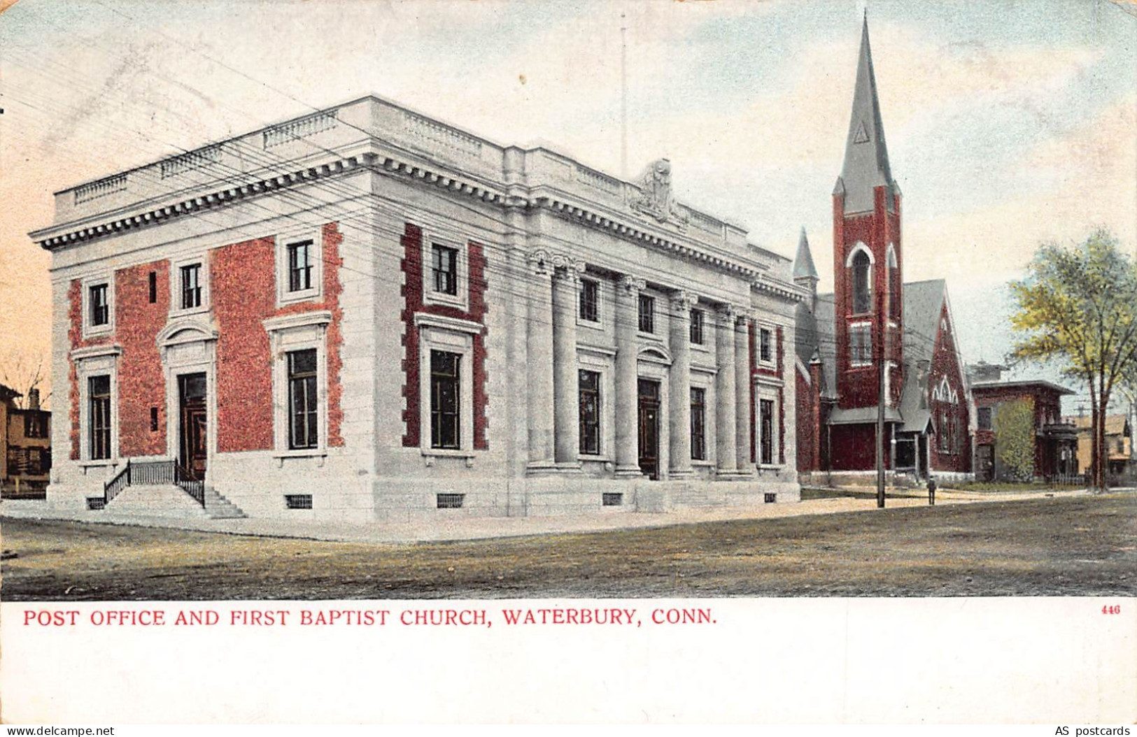 US Connecticut Post Office and Baptist Church Waterbury 1907 postcard B957
