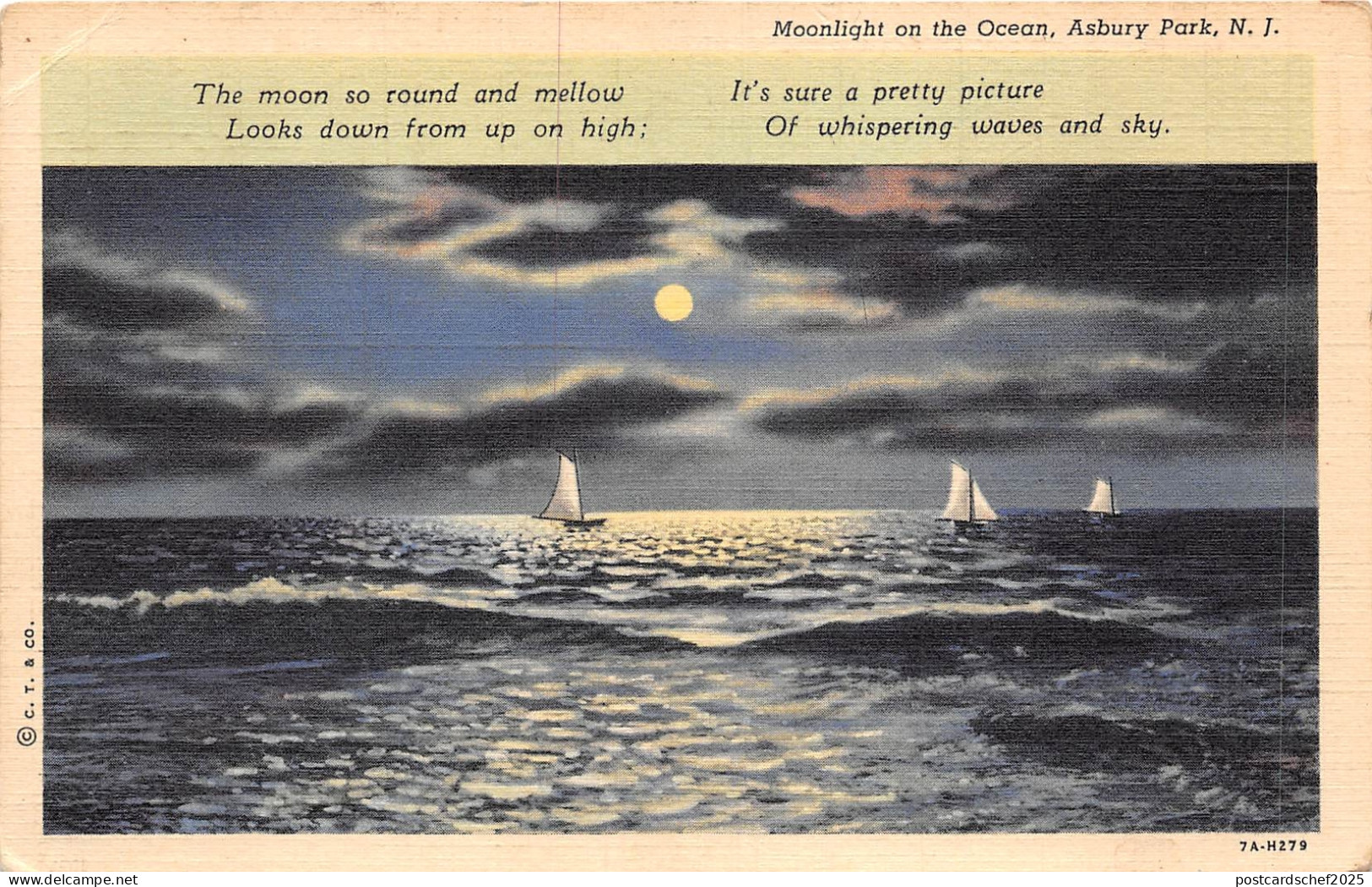 US27 postcard USA NJ Asbury Park New Jersey moonlight on the Ocean sailboat