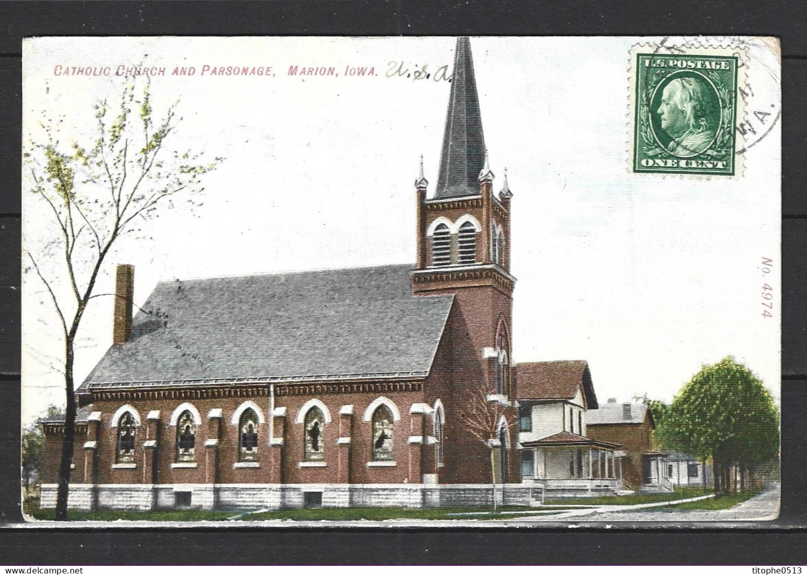 USA. Carte postale ayant circulé en 1910. Marion/Catholic Church.