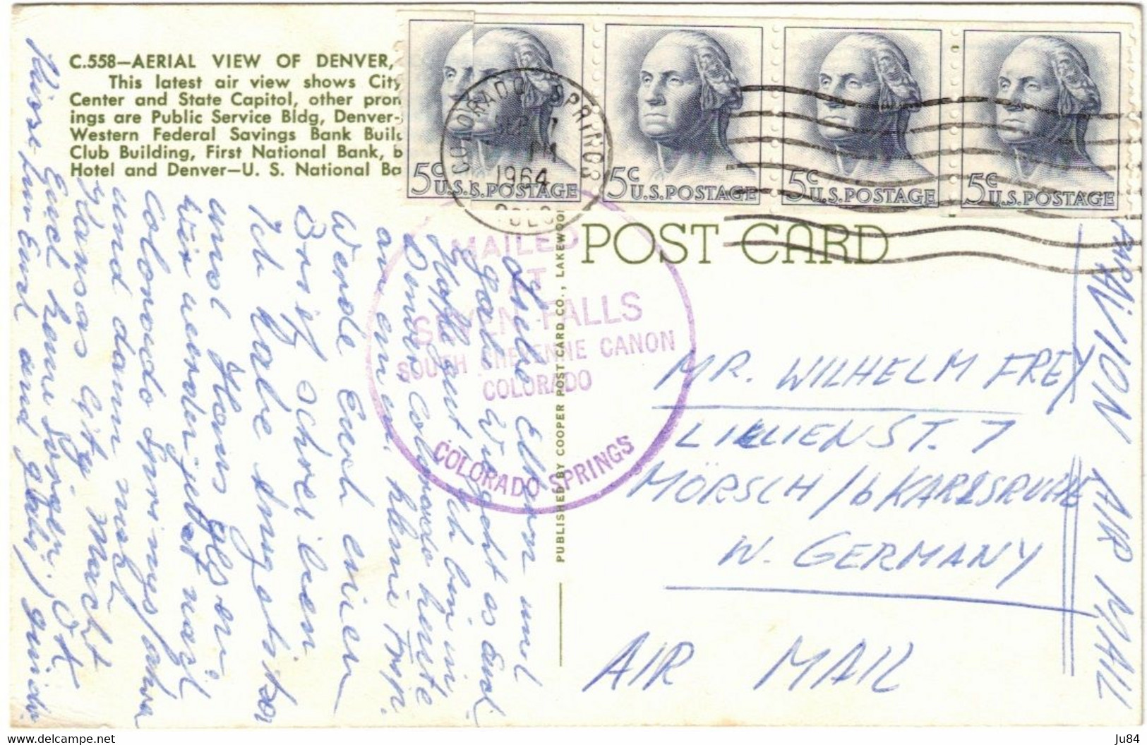 USA - Colorado - Colorado Springs - Aerial view of Denver - Mailed at Seven Falls - Carte postale pour Allemagne - 1964