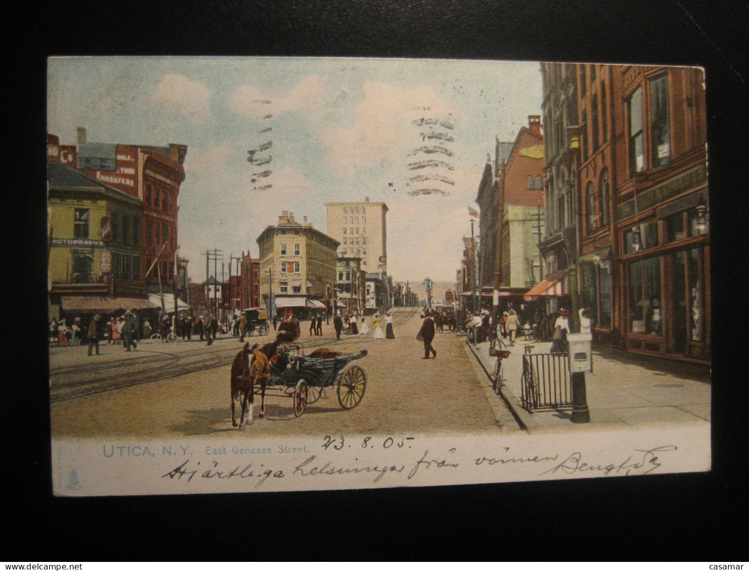 UTICA New York East Genesee Street cancel 1905 to Sweden stage coach stagecoach postcard USA