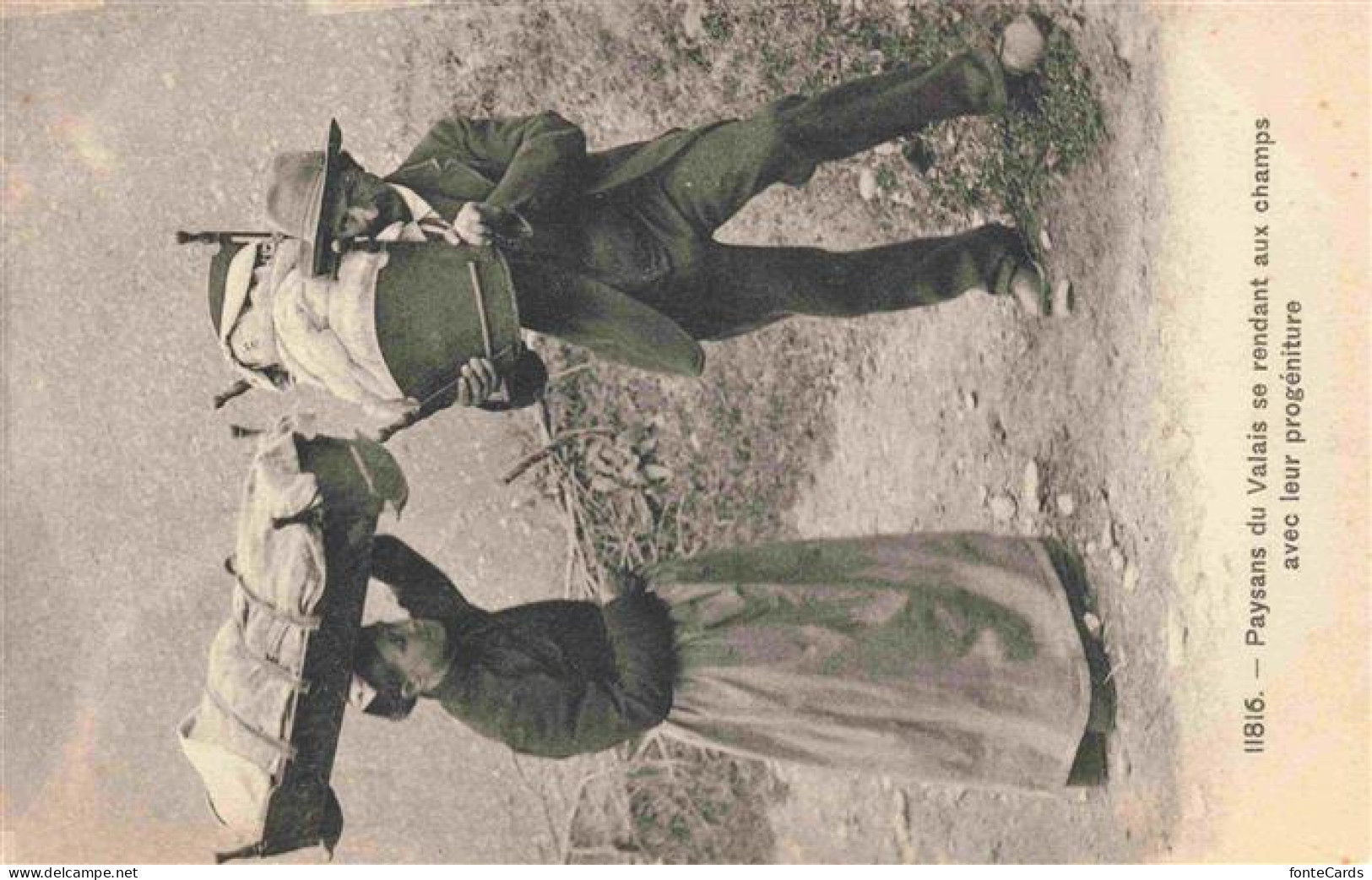 Valais Wallis Kanton VS Paysans du Valais se rendant aux champs avec leur progre