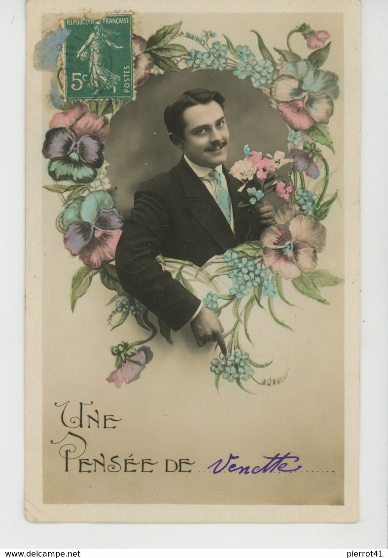 VENETTE - Jolie carte fantaisie homme et fleurs pensées  "Une pensée de VENETTE "