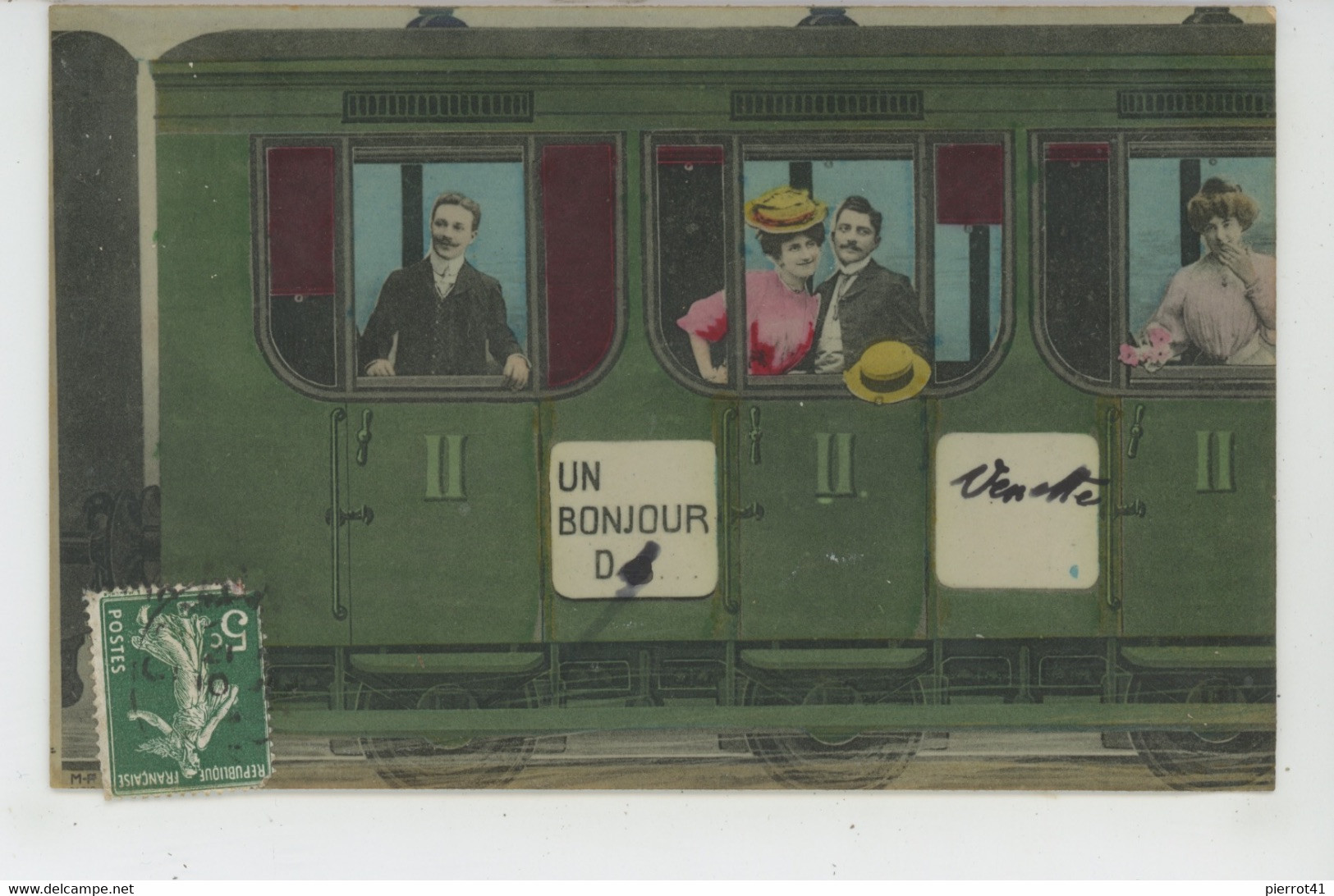 VENETTE - Jolie carte fantaisie hommes et femmes dans train "Un bonjour de VENETTE "