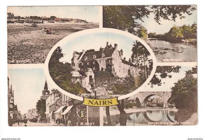 Nairn - c1950's multiview postcard - High Street, beach, river, castle