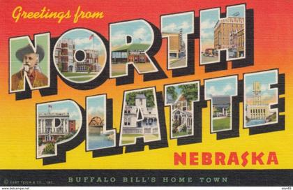 Large Letter Greetings from North Platte Nebraska, Buffalo Bill's Home Town c1940s Vintage Curteich Linen Postcard