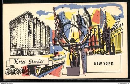 Künstler-AK New York, NY, Hotel Statler, Freiheitsstatue, Empire State Building