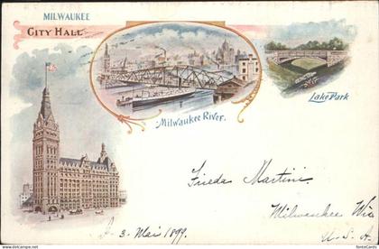 Milwaukee Wisconsin City Hall Milwaukee River Bridge Lake Park Litho