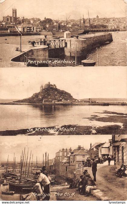 England 1927 Penzance Harbour St Michael's Mount Newlyn Cliff Boats postcard