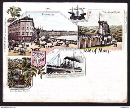 1899 gelaufene Litho AK, 5 bildrig mit Dampfschiff, gestempelt DOUGLAS ISLE OF MAN. Minim fleckig