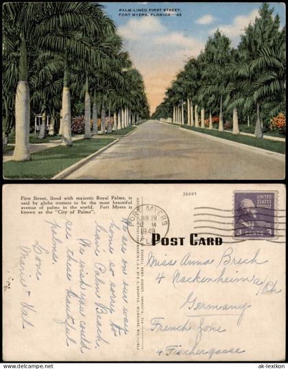 Postcard Fort Myers PALM-LINED FIRST STREET 1949