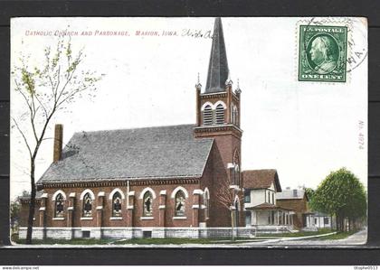 USA. Carte postale ayant circulé en 1910. Marion/Catholic Church.