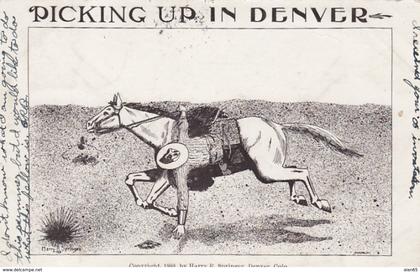 Denver Colorado, 'Picking Up in Denver' Man Trick Riding Horseback, c1900s Vintage Postcard