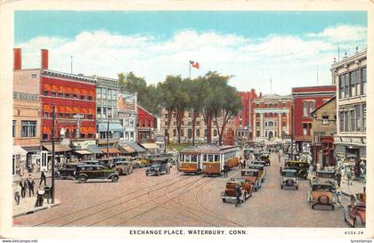 US Waterbury Connecticut Exchange Place Cars Trams vintage postcard