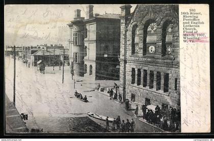 AK Wheeling, WV, 16th Street, showing Postoffice and English Lutheran Church, Flood March 1907, Hochwasser
